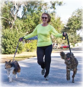 Elizabeth running with dogs